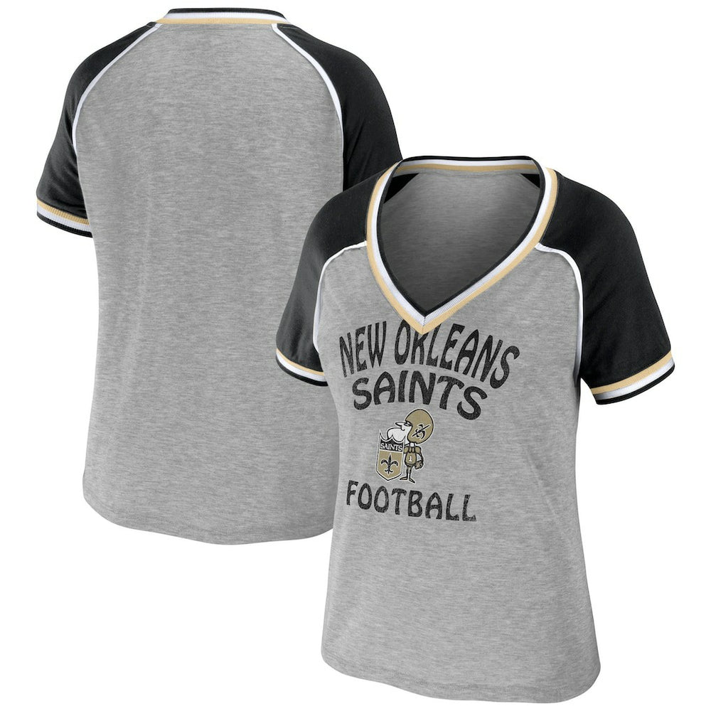 New Orleans Saints WEAR by Erin Andrews Women's Cropped Raglan Throwback V-Neck T-Shirt - Heather Gray - NFL