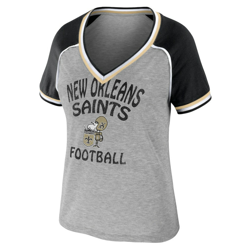 New Orleans Saints WEAR by Erin Andrews Women's Cropped Raglan Throwback V-Neck T-Shirt - Heather Gray - NFL