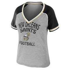 New Orleans Saints WEAR by Erin Andrews Women's Cropped Raglan Throwback V-Neck T-Shirt - Heather Gray - NFL