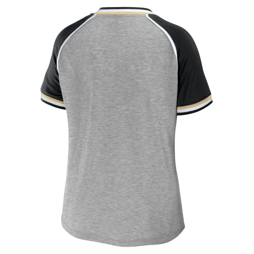 New Orleans Saints WEAR by Erin Andrews Women's Cropped Raglan Throwback V-Neck T-Shirt - Heather Gray - NFL