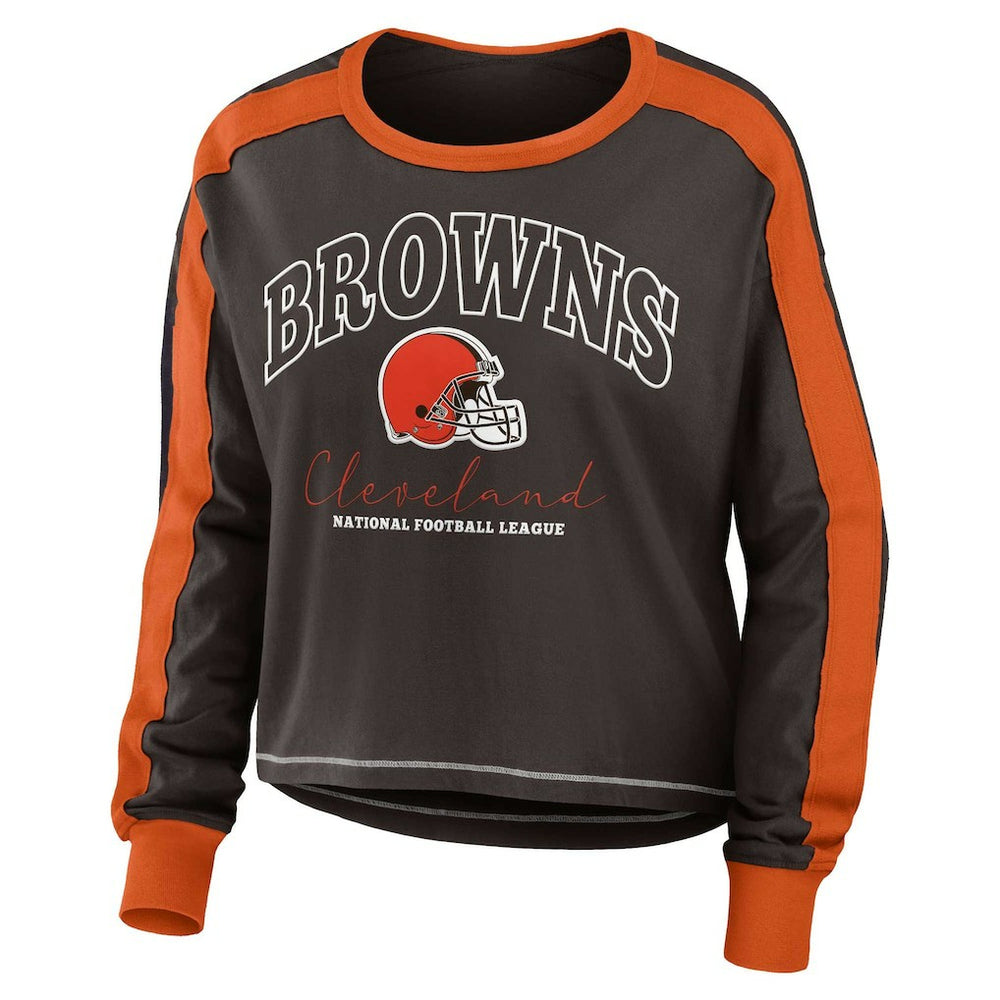 Cleveland Browns WEAR by Erin Andrews Women's Color Block Modest Crop Long Sleeve T-Shirt - Brown/Orange - NFL
