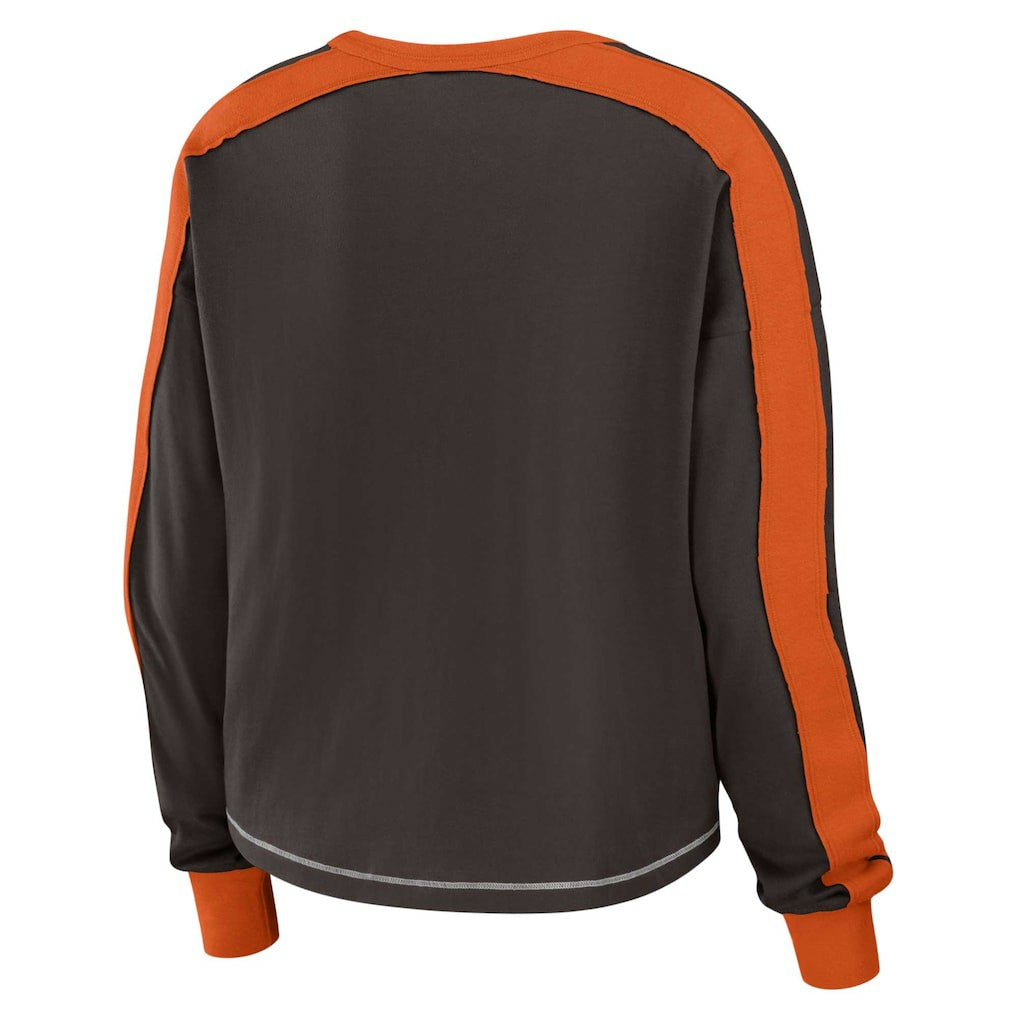 Cleveland Browns WEAR by Erin Andrews Women's Color Block Modest Crop Long Sleeve T-Shirt - Brown/Orange - NFL