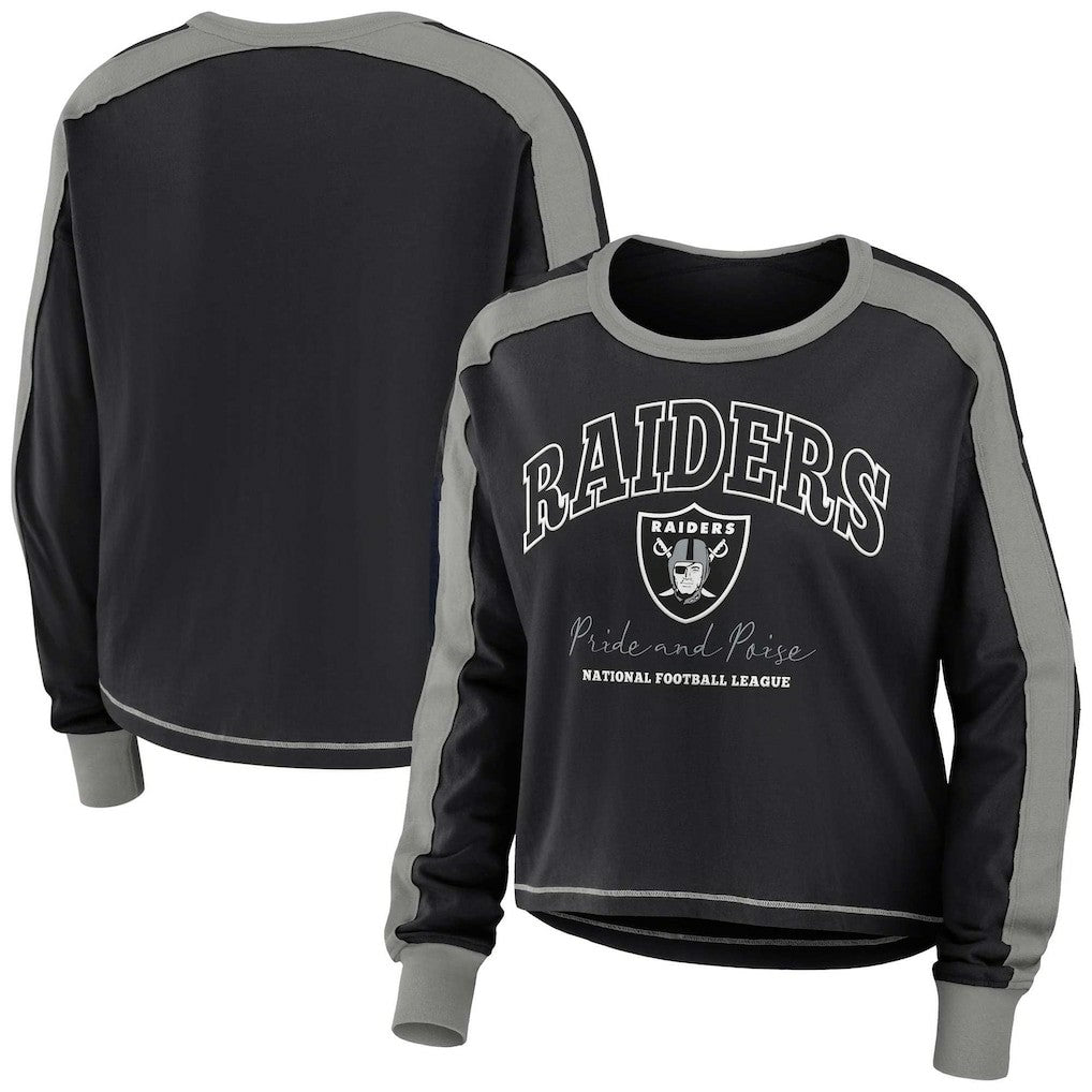 Las Vegas Raiders WEAR by Erin Andrews Women's Color Block Modest Crop Long Sleeve T-Shirt - Black/Silver - NFL