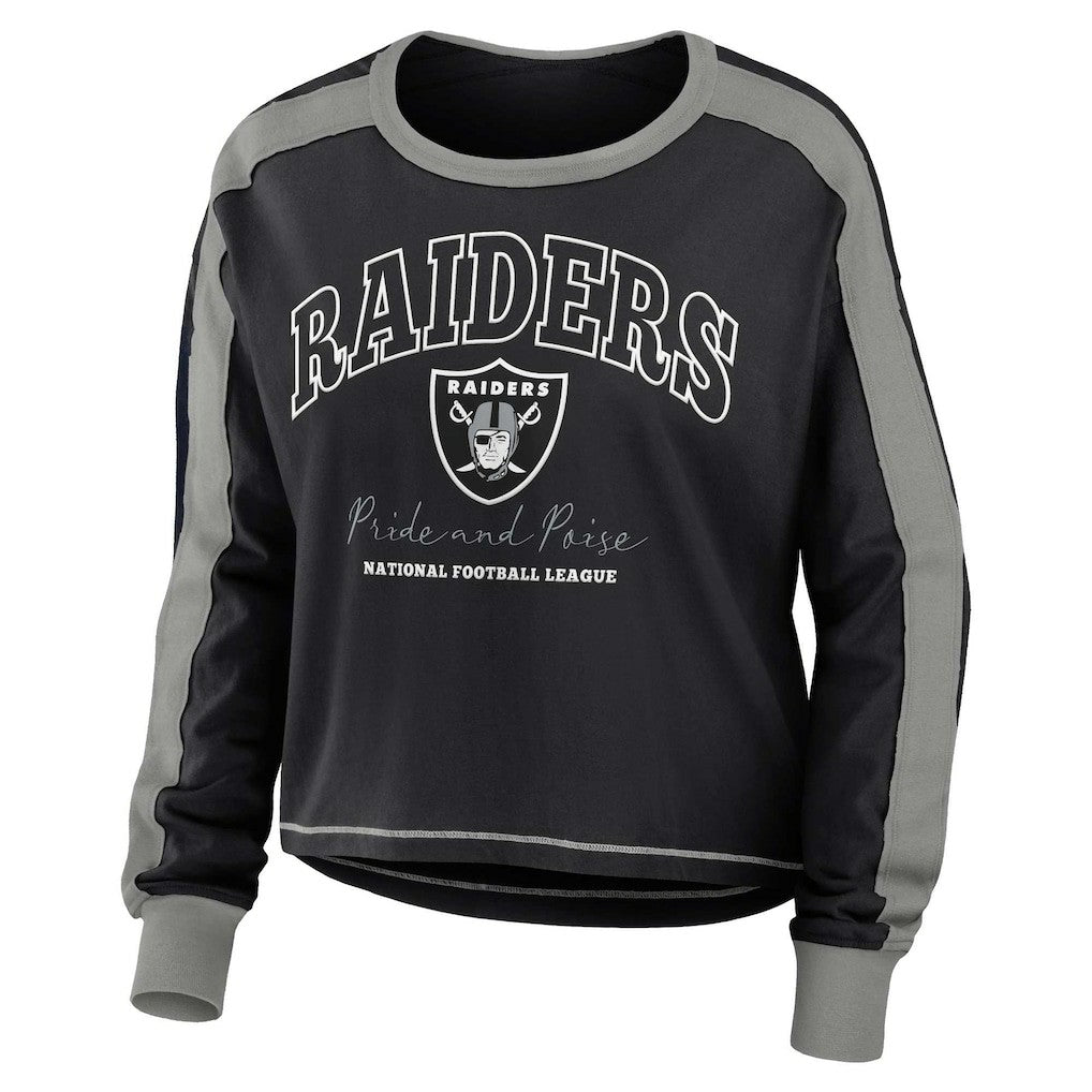 Las Vegas Raiders WEAR by Erin Andrews Women's Color Block Modest Crop Long Sleeve T-Shirt - Black/Silver - NFL