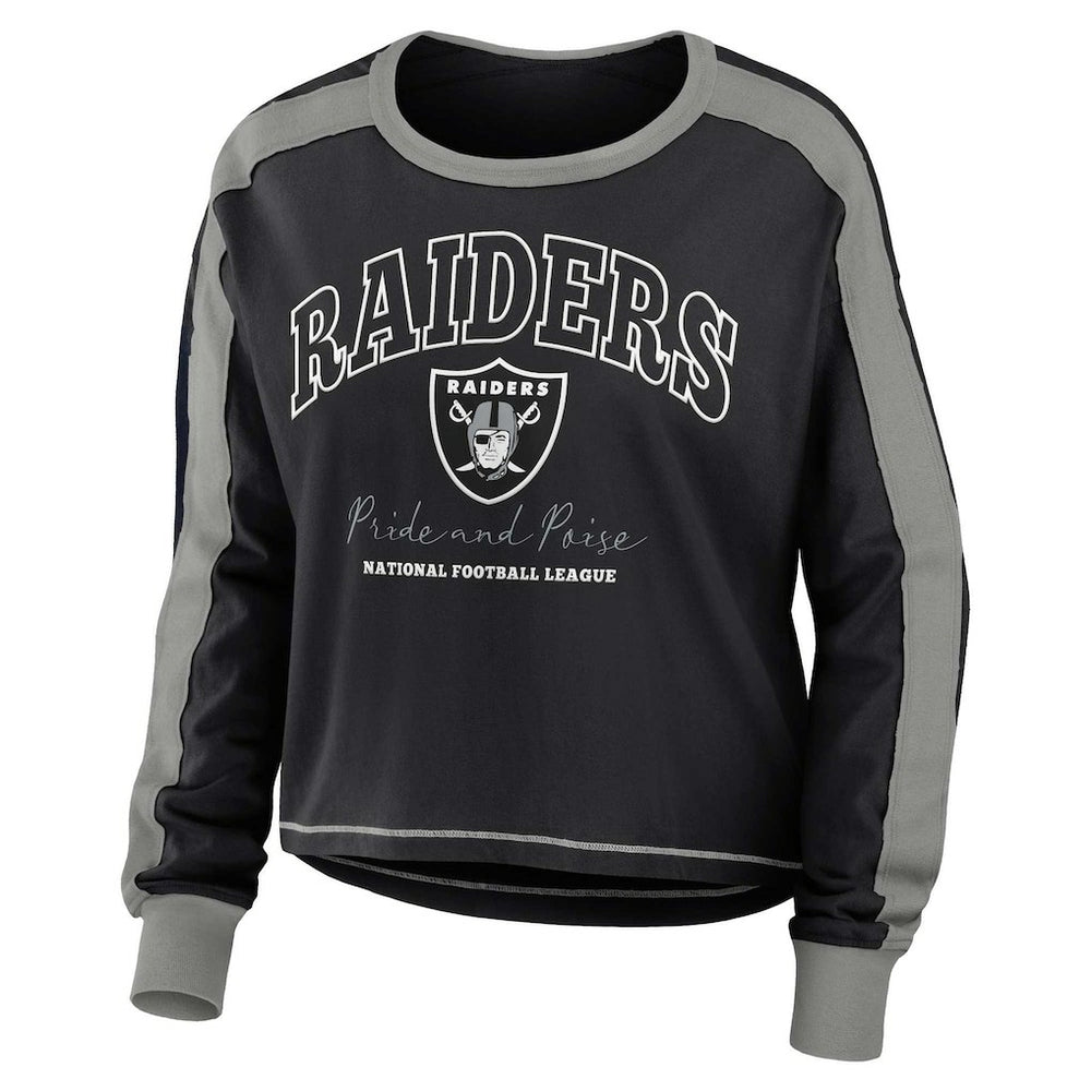 Las Vegas Raiders WEAR by Erin Andrews Women's Color Block Modest Crop Long Sleeve T-Shirt - Black/Silver - NFL