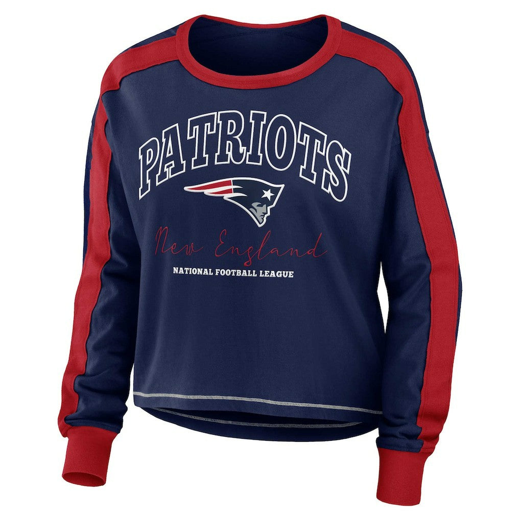 New England Patriots WEAR by Erin Andrews Women's Color Block Modest Crop Long Sleeve T-Shirt - Navy/Red - NFL