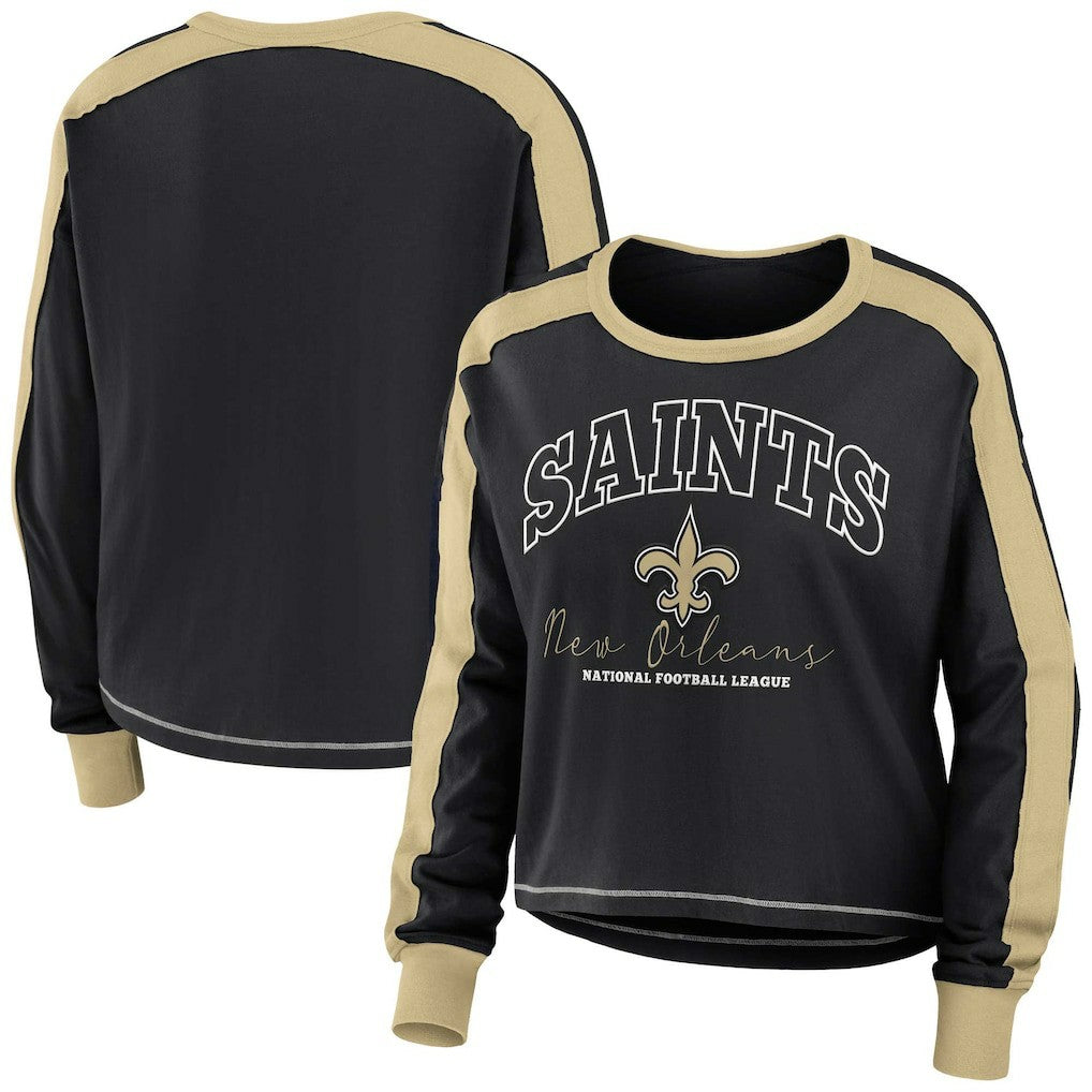 New Orleans Saints WEAR by Erin Andrews Women's Color Block Modest Crop Long Sleeve T-Shirt - Black/Gold - NFL