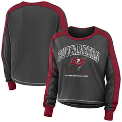 Tampa Bay Buccaneers WEAR by Erin Andrews Women's Color Block Modest Crop Long Sleeve T-Shirt - Pewter/Red - NFL