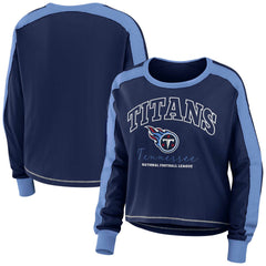 Tennessee Titans WEAR by Erin Andrews Women's Color Block Modest Crop Long Sleeve T-Shirt - Navy/Light Blue - NFL