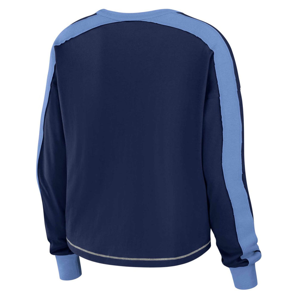 Tennessee Titans WEAR by Erin Andrews Women's Color Block Modest Crop Long Sleeve T-Shirt - Navy/Light Blue - NFL