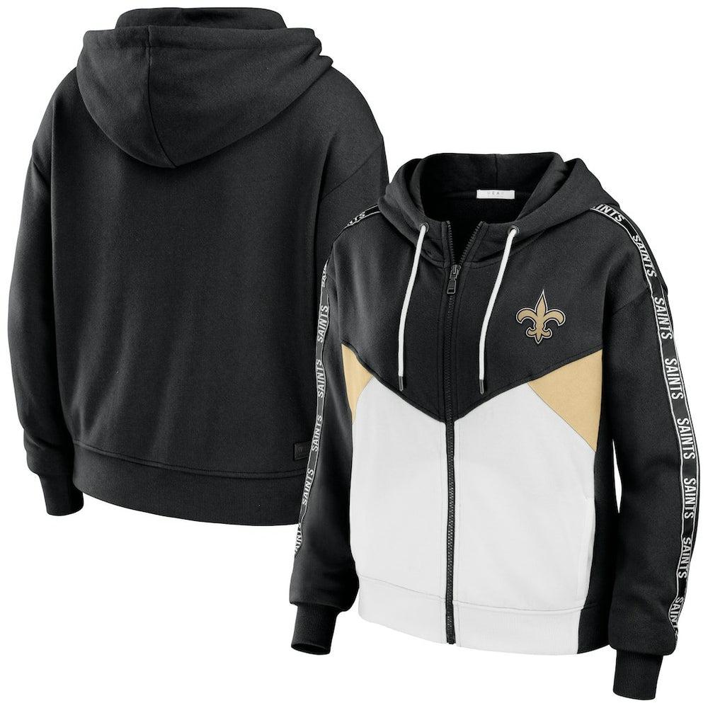 New Orleans Saints WEAR by Erin Andrews Women's Color Block Light Weight Modest Crop Full-Zip Hoodie - Black/White - NFL