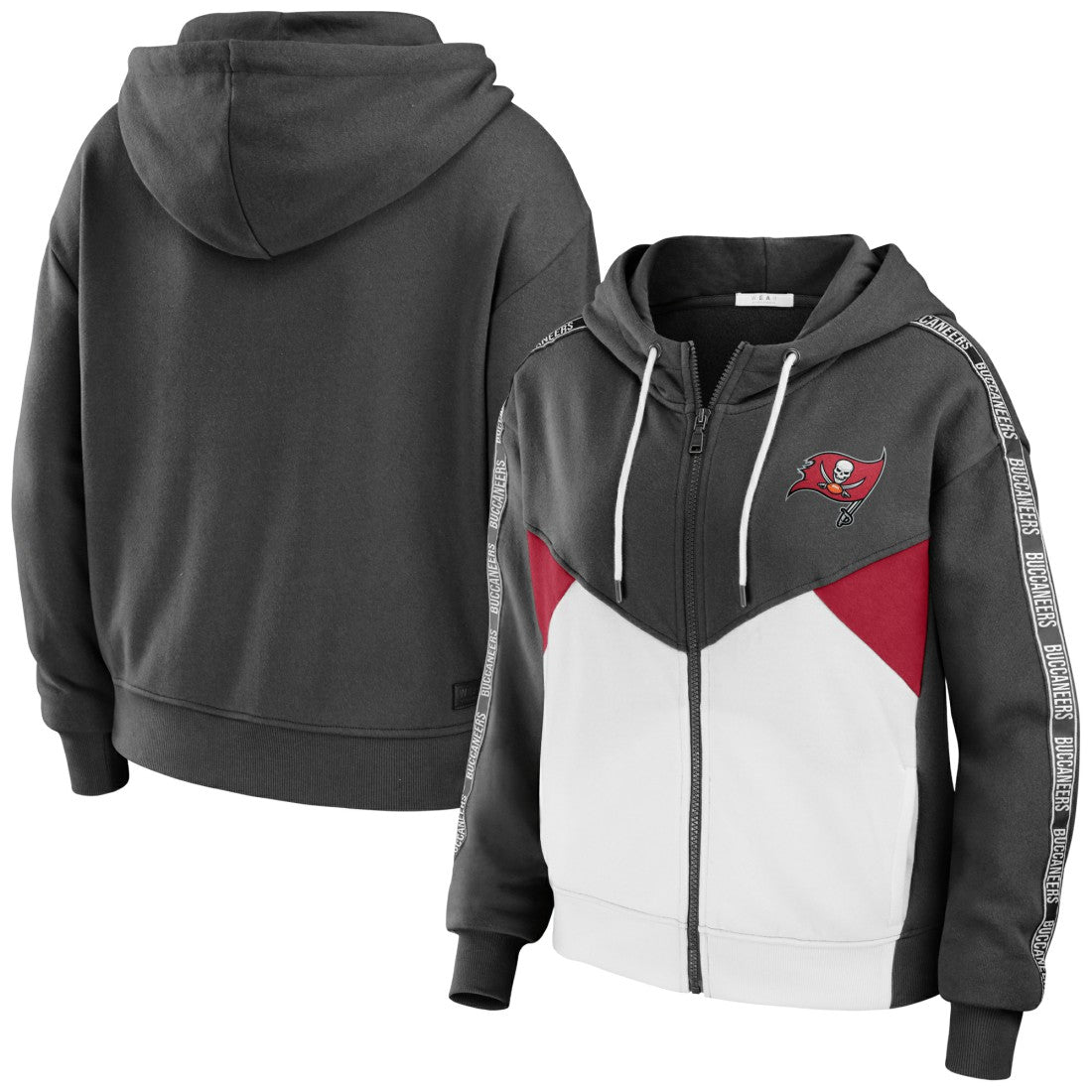 Tampa Bay Buccaneers WEAR by Erin Andrews Women's Color Block Light Weight Modest Crop Full-Zip Hoodie - Pewter/White - NFL
