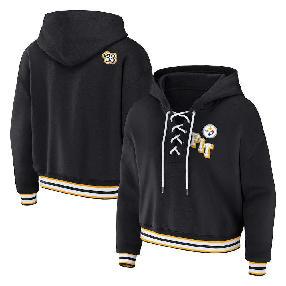 Pittsburgh Steelers WEAR by Erin Andrews Women's Plus Size Lace-Up Pullover Hoodie - Black - NFL