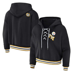 Pittsburgh Steelers WEAR by Erin Andrews Women's Plus Size Lace-Up Pullover Hoodie - Black - NFL