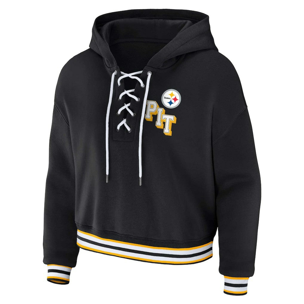 Pittsburgh Steelers WEAR by Erin Andrews Women's Plus Size Lace-Up Pullover Hoodie - Black - NFL