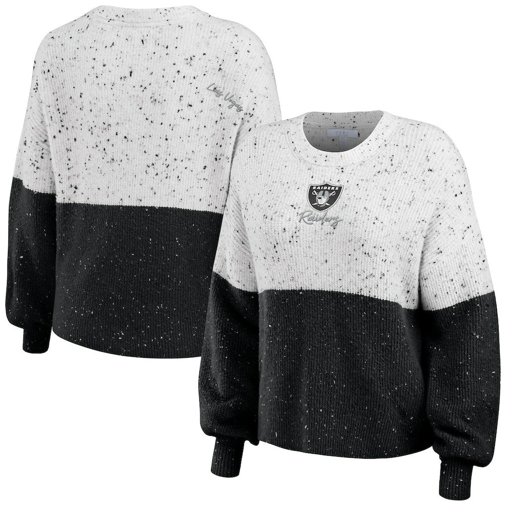 Las Vegas Raiders WEAR by Erin Andrews Women's Lighweight Modest Crop Color-Block Pullover Sweater - White/Black - NFL