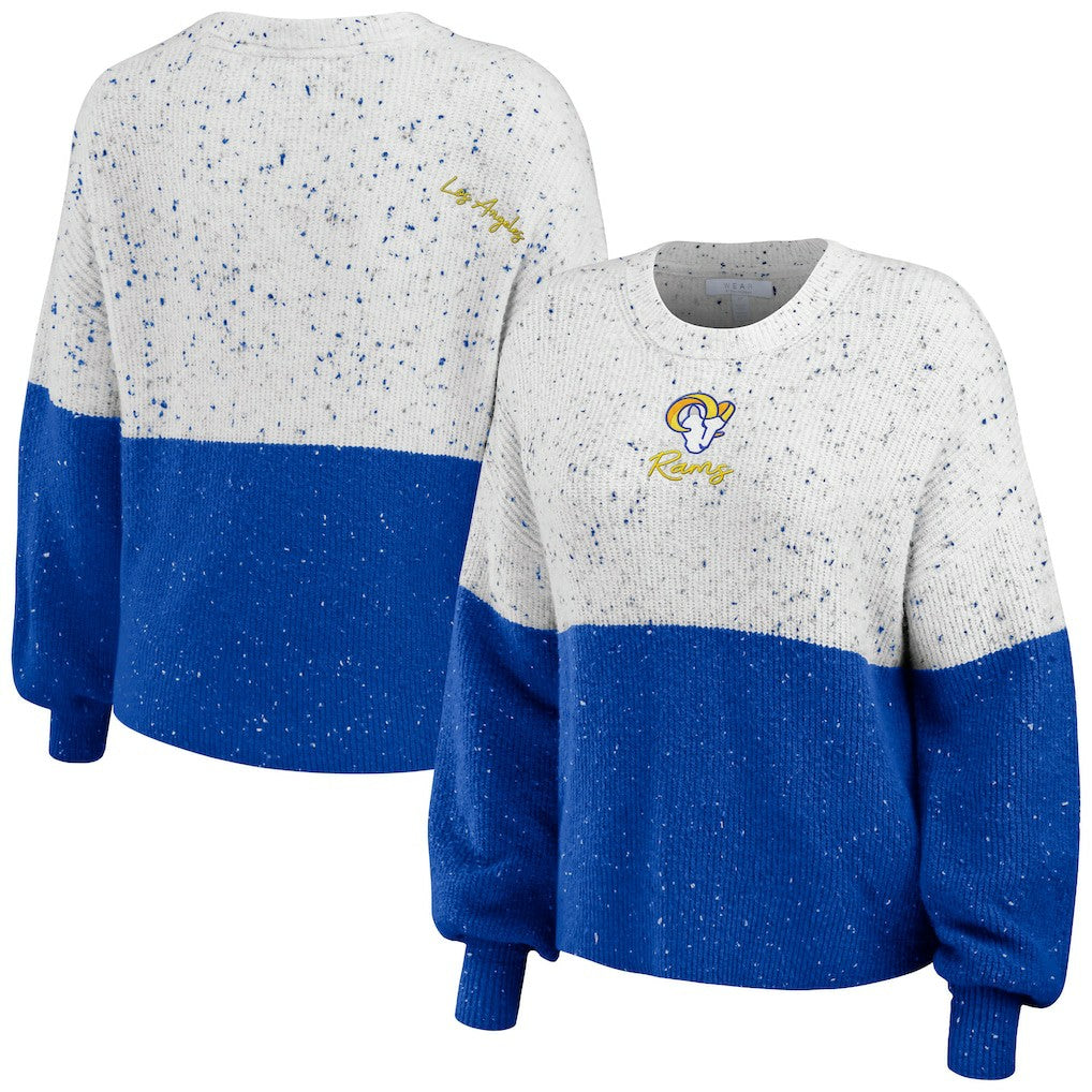Los Angeles Rams WEAR by Erin Andrews Women's Lighweight Modest Crop Color-Block Pullover Sweater - White/Royal - NFL