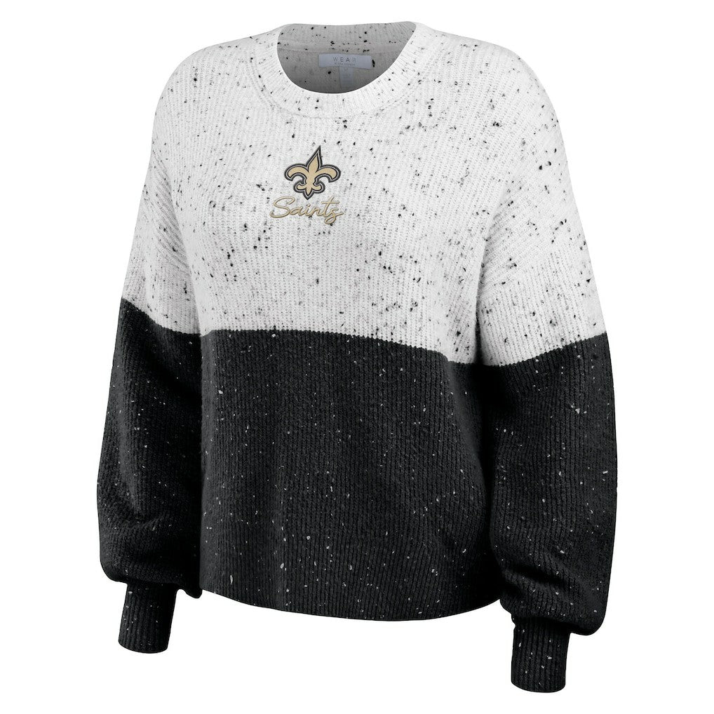 New Orleans Saints WEAR by Erin Andrews Women's Lighweight Modest Crop Color-Block Pullover Sweater - White/Black - NFL