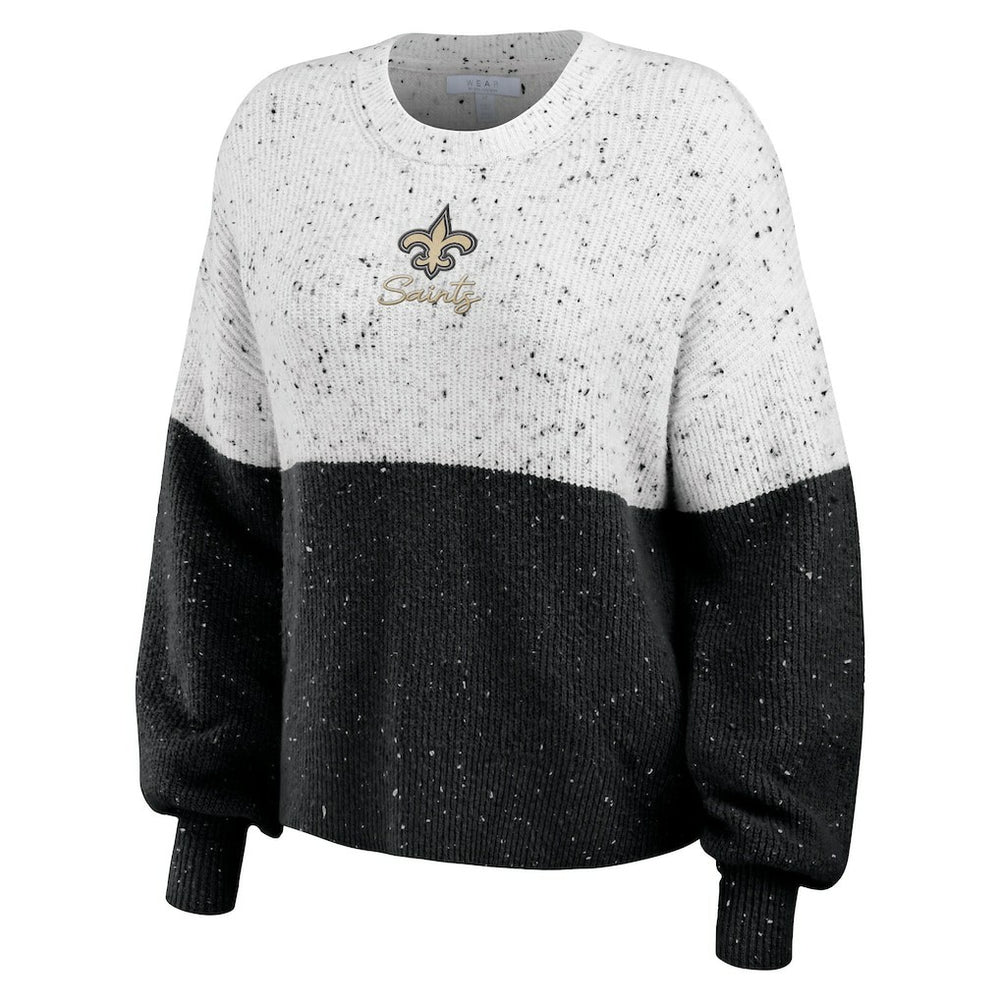 New Orleans Saints WEAR by Erin Andrews Women's Lighweight Modest Crop Color-Block Pullover Sweater - White/Black - NFL