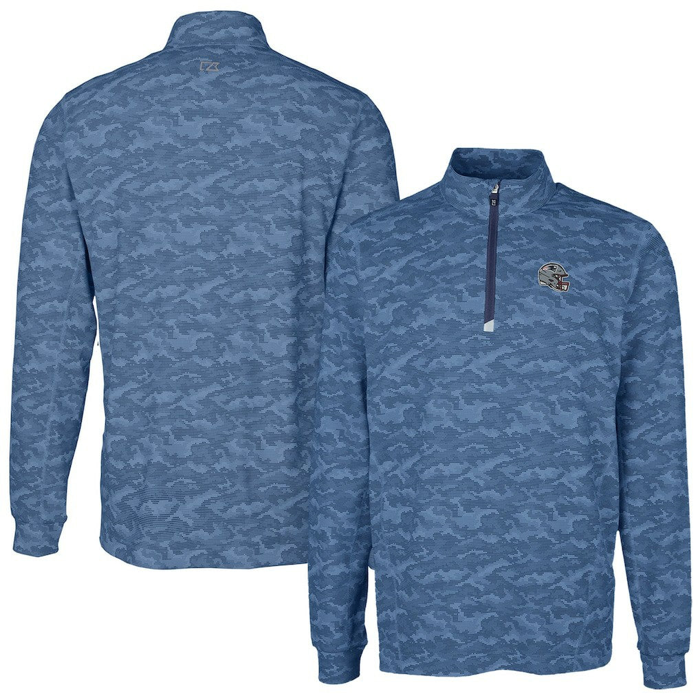 New England Patriots Cutter & Buck Helmet Traverse Camo Print Stretch Quarter-Zip Pullover Top - Navy - NFL