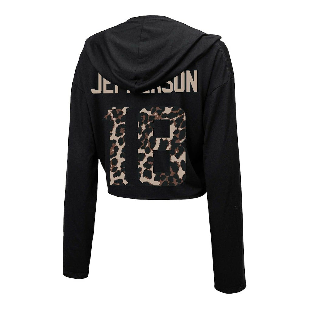 Justin Jefferson Minnesota Vikings Majestic Threads Women's Leopard Player Name & Number Long Sleeve Cropped Hoodie - Black - NFL