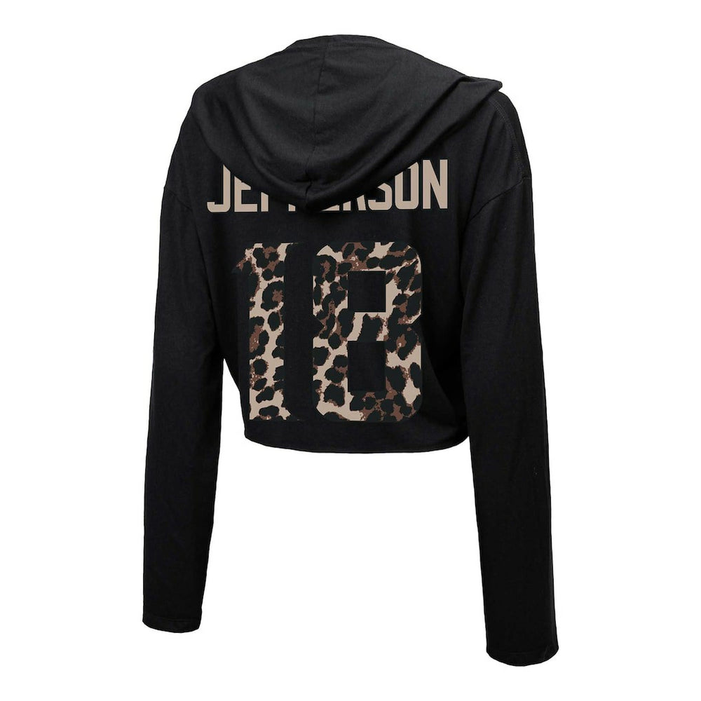 Justin Jefferson Minnesota Vikings Majestic Threads Women's Leopard Player Name & Number Long Sleeve Cropped Hoodie - Black - NFL