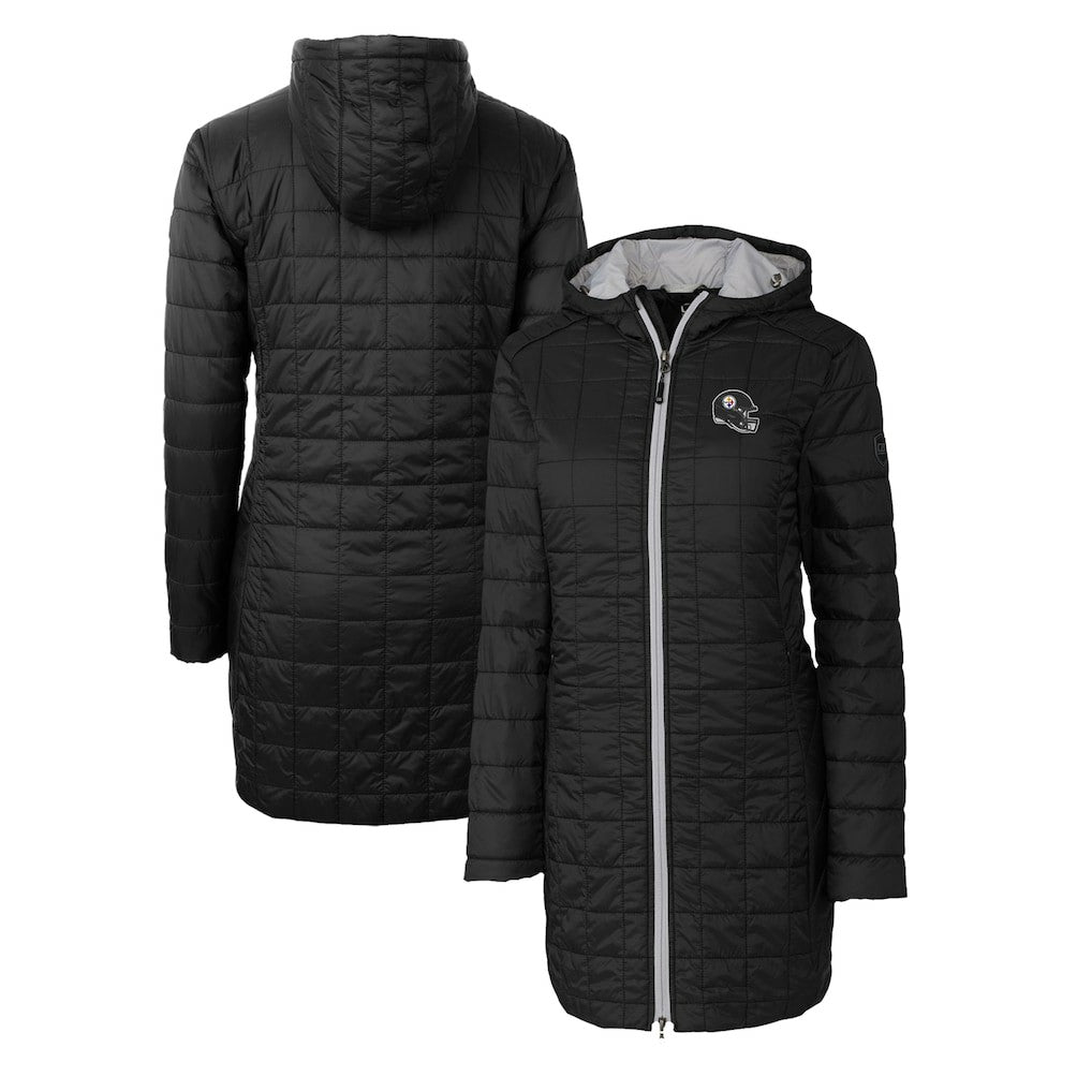 Pittsburgh Steelers Cutter & Buck Women's Helmet Logo Rainier Primaloft Eco Insulated Hooded Long Coat - Black - NFL