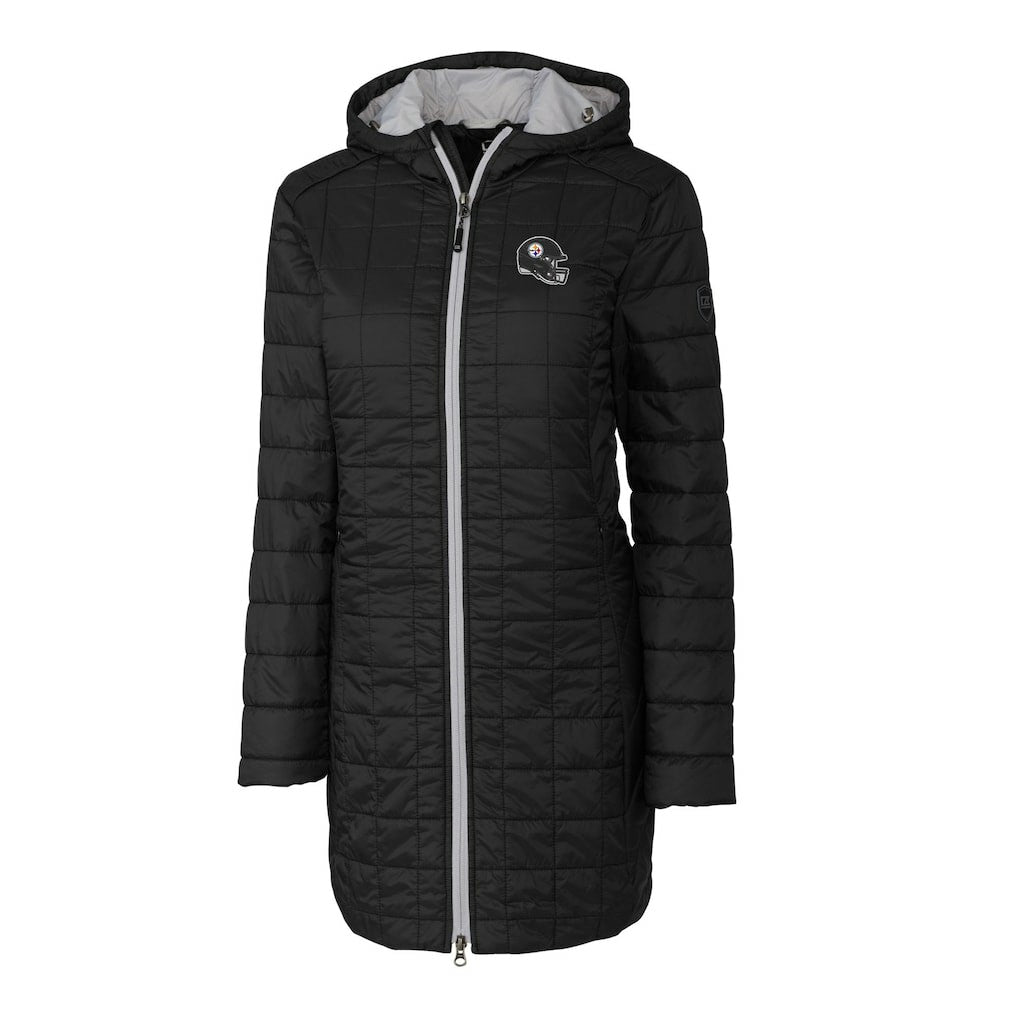 Pittsburgh Steelers Cutter & Buck Women's Helmet Logo Rainier Primaloft Eco Insulated Hooded Long Coat - Black - NFL