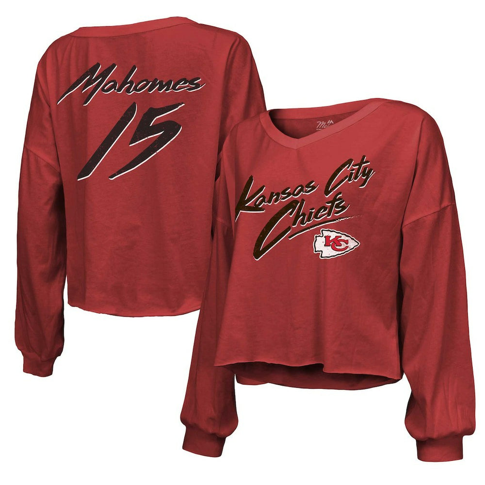 Patrick Mahomes Kansas City Chiefs Majestic Threads Women's Name & Number Off-Shoulder Script Cropped Long Sleeve Relaxed V-Neck T-Shirt - Red - NFL