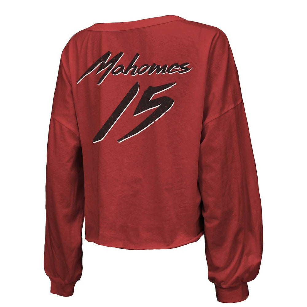 Patrick Mahomes Kansas City Chiefs Majestic Threads Women's Name & Number Off-Shoulder Script Cropped Long Sleeve Relaxed V-Neck T-Shirt - Red - NFL