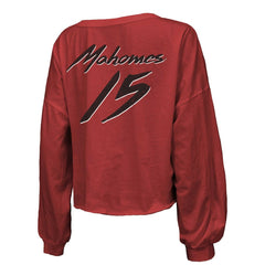 Patrick Mahomes Kansas City Chiefs Majestic Threads Women's Name & Number Off-Shoulder Script Cropped Long Sleeve Relaxed V-Neck T-Shirt - Red - NFL