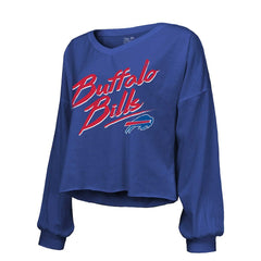 Josh Allen Buffalo Bills Majestic Threads Women's Name & Number Off-Shoulder Script Cropped Long Sleeve Relaxed V-Neck T-Shirt - Royal - NFL