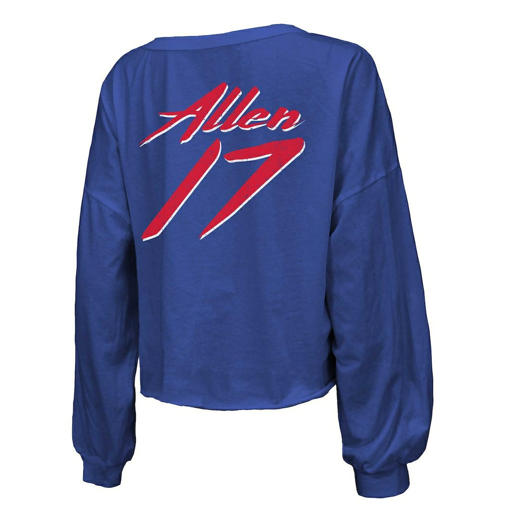 Josh Allen Buffalo Bills Majestic Threads Women's Name & Number Off-Shoulder Script Cropped Long Sleeve Relaxed V-Neck T-Shirt - Royal - NFL