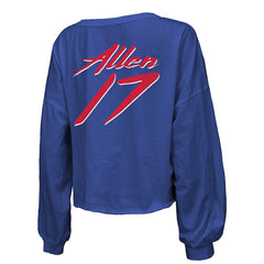 Josh Allen Buffalo Bills Majestic Threads Women's Name & Number Off-Shoulder Script Cropped Long Sleeve Relaxed V-Neck T-Shirt - Royal - NFL