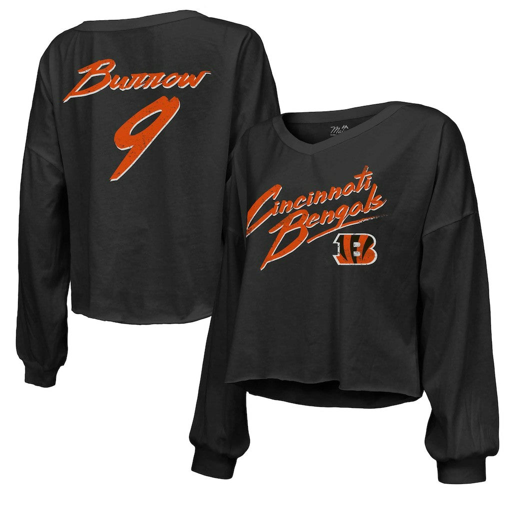 Joe Burrow Cincinnati Bengals Majestic Threads Women's Name & Number Off-Shoulder Script Cropped Long Sleeve Relaxed V-Neck T-Shirt - Black - NFL