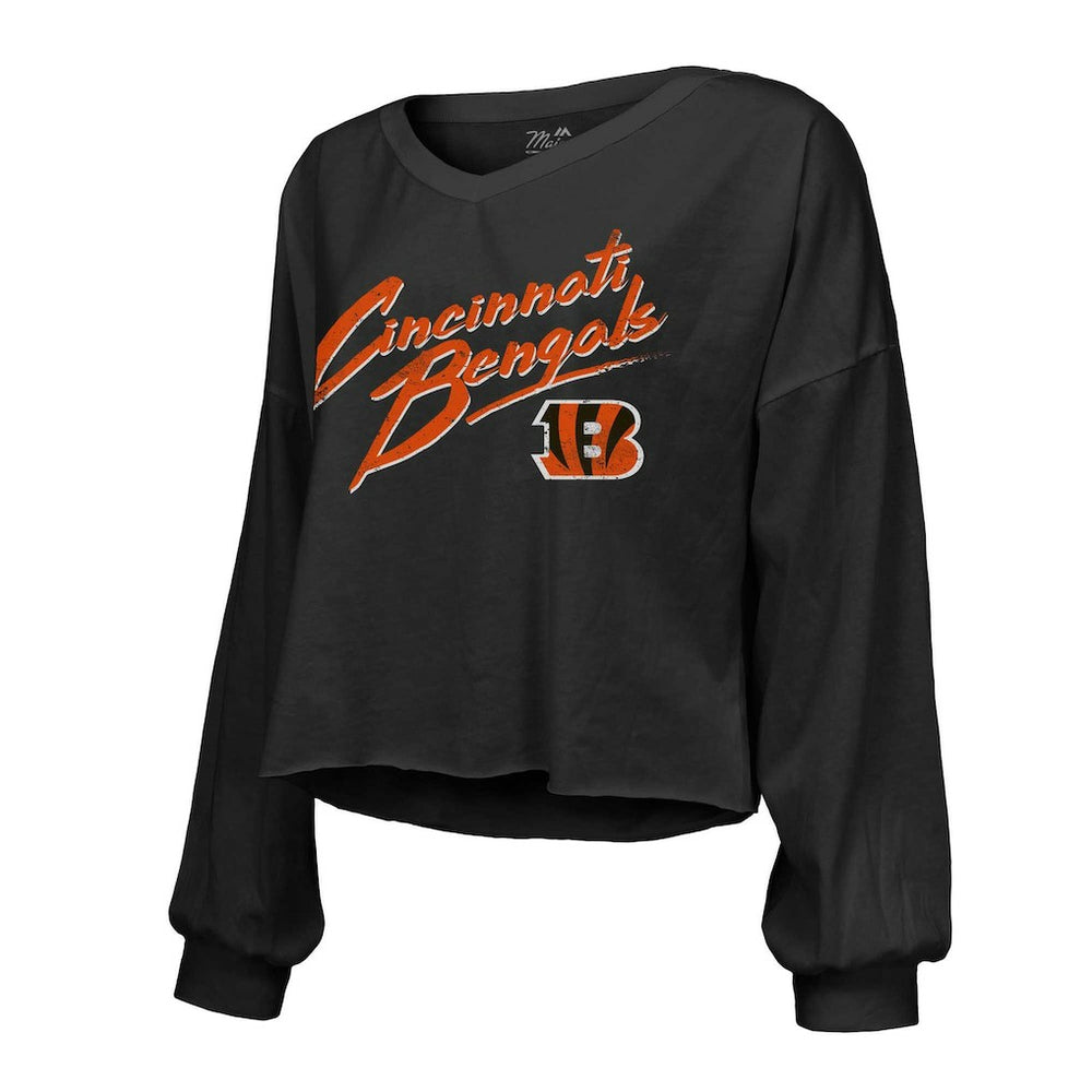 Joe Burrow Cincinnati Bengals Majestic Threads Women's Name & Number Off-Shoulder Script Cropped Long Sleeve Relaxed V-Neck T-Shirt - Black - NFL