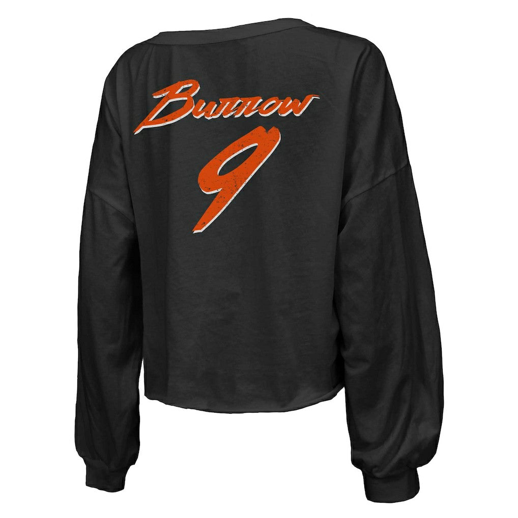Joe Burrow Cincinnati Bengals Majestic Threads Women's Name & Number Off-Shoulder Script Cropped Long Sleeve Relaxed V-Neck T-Shirt - Black - NFL