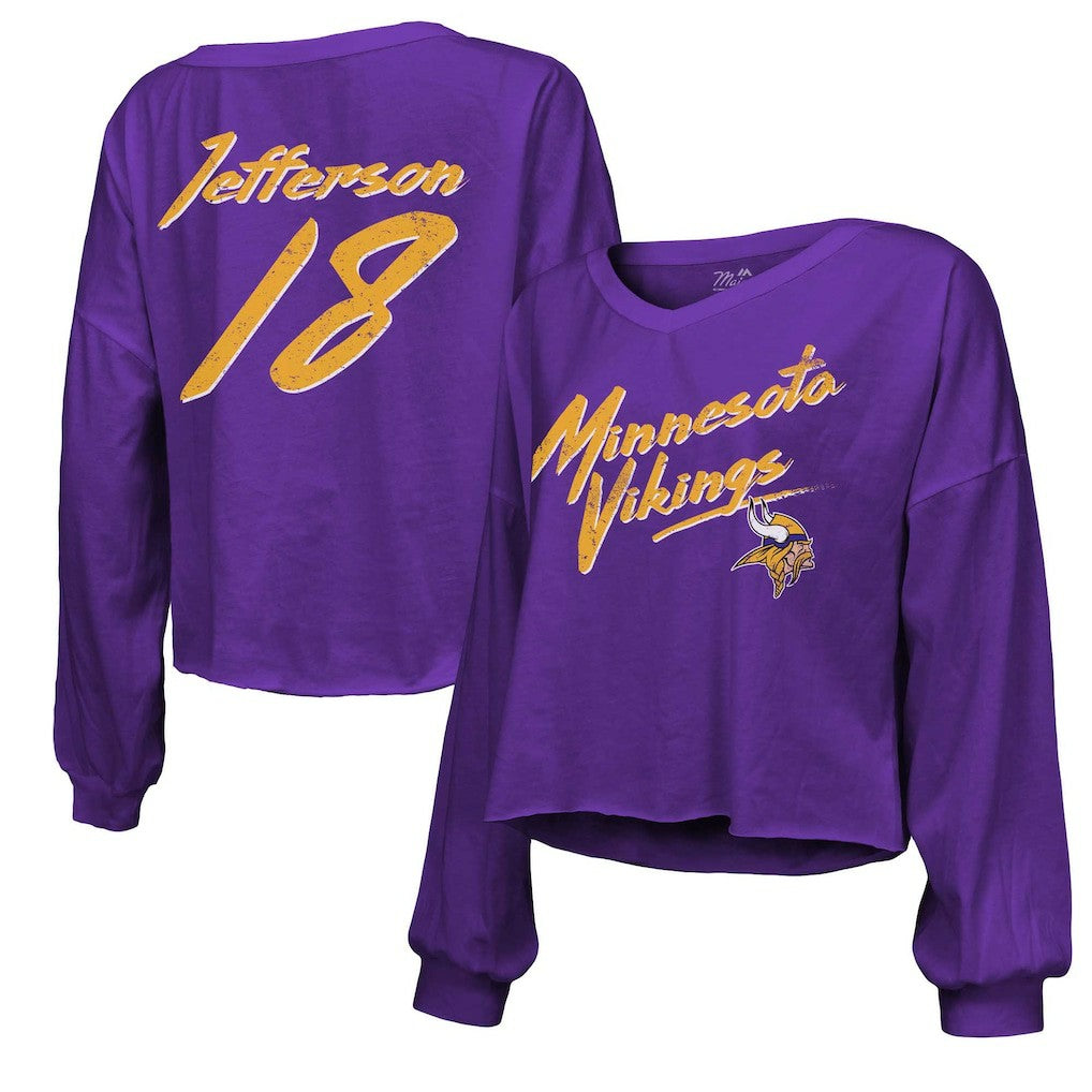 Justin Jefferson Minnesota Vikings Majestic Threads Women's Name & Number Off-Shoulder Script Cropped Long Sleeve V-Neck T-Shirt - Purple - NFL