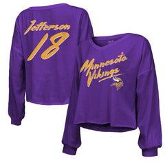 Justin Jefferson Minnesota Vikings Majestic Threads Women's Name & Number Off-Shoulder Script Cropped Long Sleeve V-Neck T-Shirt - Purple - NFL