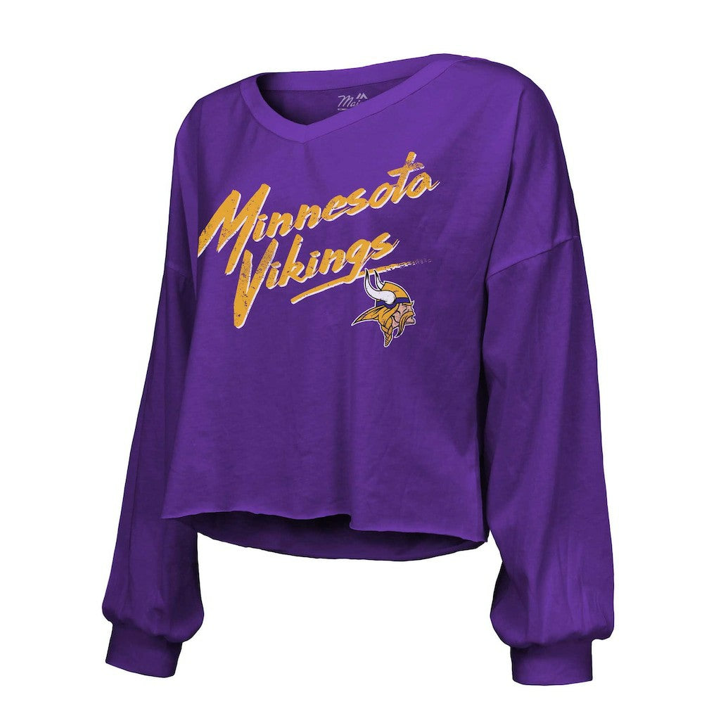 Justin Jefferson Minnesota Vikings Majestic Threads Women's Name & Number Off-Shoulder Script Cropped Long Sleeve V-Neck T-Shirt - Purple - NFL