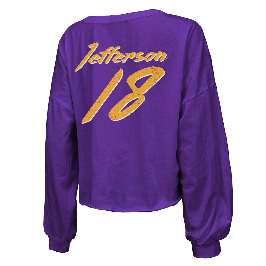 Justin Jefferson Minnesota Vikings Majestic Threads Women's Name & Number Off-Shoulder Script Cropped Long Sleeve V-Neck T-Shirt - Purple - NFL