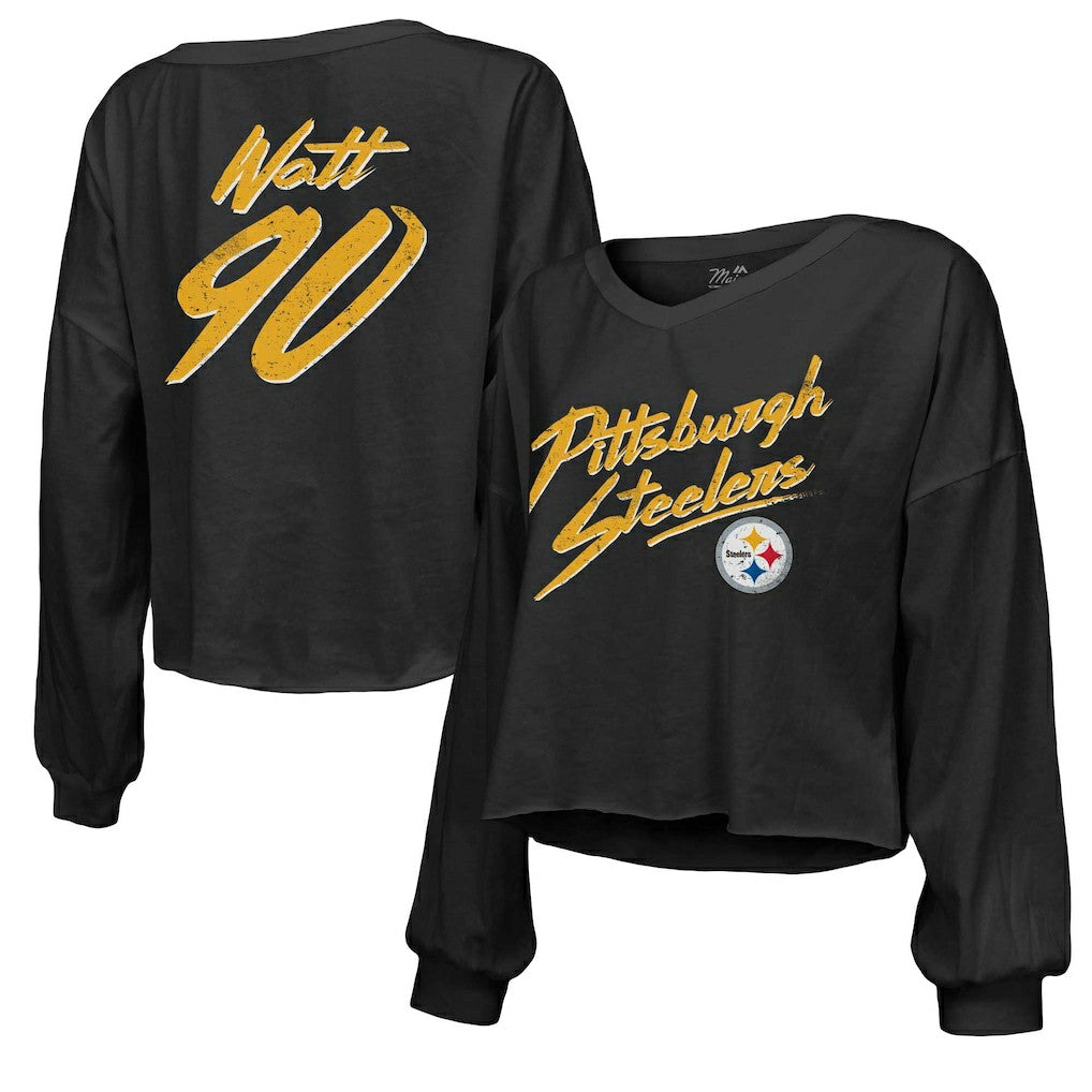 T.J. Watt Pittsburgh Steelers Majestic Threads Women's Name & Number Off-Shoulder Script Cropped Long Sleeve Relaxed V-Neck T-Shirt - Black - NFL