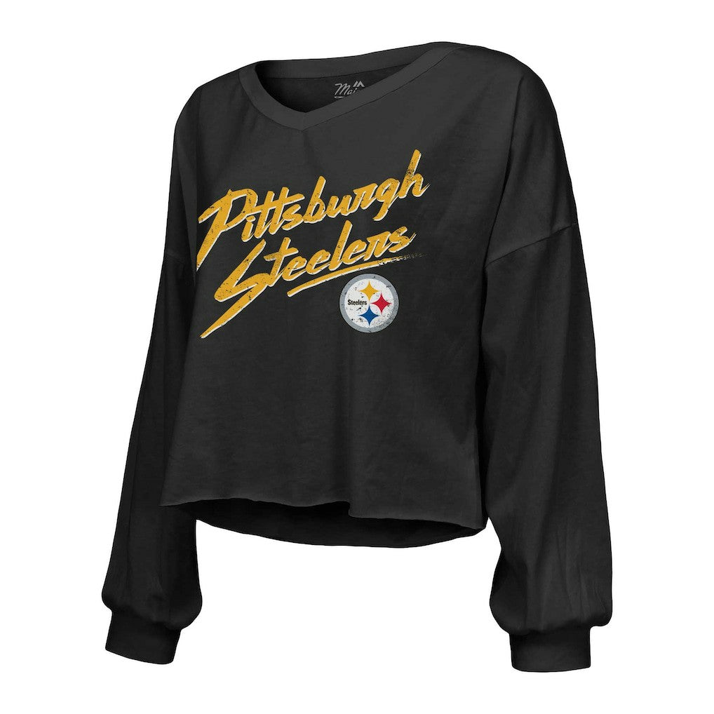 T.J. Watt Pittsburgh Steelers Majestic Threads Women's Name & Number Off-Shoulder Script Cropped Long Sleeve Relaxed V-Neck T-Shirt - Black - NFL