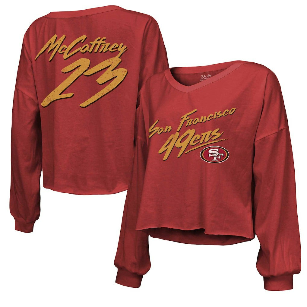 Christian McCaffrey San Francisco 49ers Majestic Threads Women's Name & Number Off-Shoulder Script Cropped Long Sleeve V-Neck T-Shirt - Scarlet - NFL