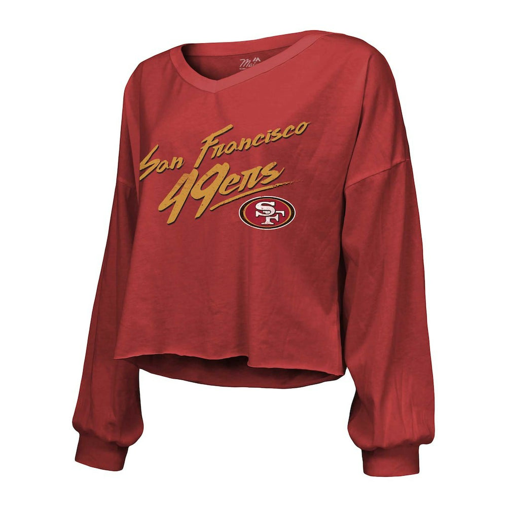 Christian McCaffrey San Francisco 49ers Majestic Threads Women's Name & Number Off-Shoulder Script Cropped Long Sleeve V-Neck T-Shirt - Scarlet - NFL