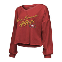 Christian McCaffrey San Francisco 49ers Majestic Threads Women's Name & Number Off-Shoulder Script Cropped Long Sleeve V-Neck T-Shirt - Scarlet - NFL
