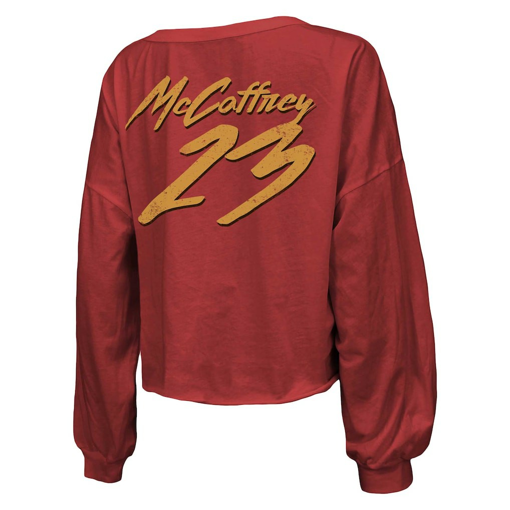 Christian McCaffrey San Francisco 49ers Majestic Threads Women's Name & Number Off-Shoulder Script Cropped Long Sleeve V-Neck T-Shirt - Scarlet - NFL