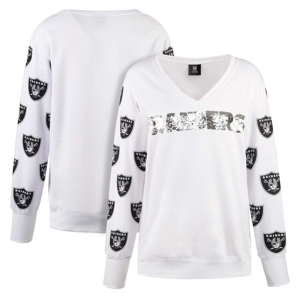 Las Vegas Raiders Cuce Women's Sequin Fleece V-Neck T-Shirt - White - NFL