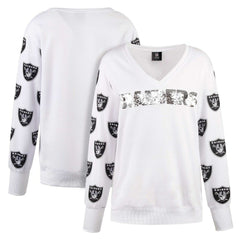 Las Vegas Raiders Cuce Women's Sequin Fleece V-Neck T-Shirt - White - NFL