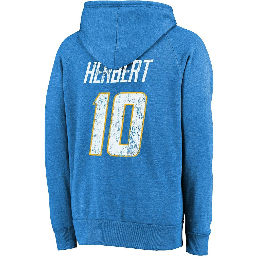 Justin Herbert Los Angeles Chargers Majestic Threads Name & Number Tri-Blend Pullover Hoodie - Powder Blue - NFL